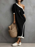 Women's One-Shoulder Color-Block Midi Dress with Pockets