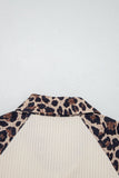 White Ribbed Texture Button Down Leopard Patchwork Short Sleeve Shirt