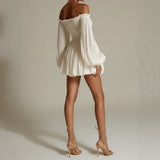 Women's Off-Shoulder Pleated Mini Dress – Smocked Waist & Puff Sleeves