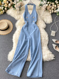 Halter Neck Wide Leg Denim Jumpsuit