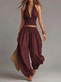 Women's Sleeveless Backless Halter Top & Wide-Leg Pants Set