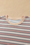 Khaki Stripe Contrast Trim Long Sleeve Top Elastic Waist Pants Set