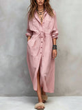 Women's Drawstring Waist Shirt Dress – Long Sleeve A-Line Midi