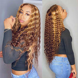 Highlight Ombre Deep Curly 13X4 T-Part HD Glueless Lace Front Wigs for Women Human Hair，#4/27 Blonde Brown Pre Plucked with Baby Hair 180% Density Brazilian Virgin Hair 18 Inch
