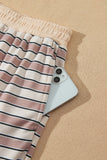 Khaki Stripe Contrast Trim Long Sleeve Top Elastic Waist Pants Set