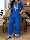 Women’s Ethnic Two Piece Set with Long Sleeve Shirt and Cropped Pants