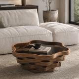 Cloud Shaped Coffee Table with Tempered Glass Top, Walnut Brown