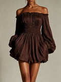 Women's Off-Shoulder Pleated Mini Dress – Smocked Waist & Puff Sleeves