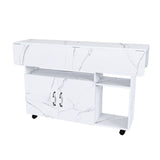 White Folding Kitchen Island with Storage Shelves and Wheels