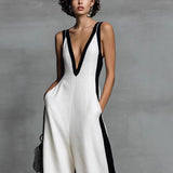 Women's Color-Block Sleeveless V-Neck Wide-Leg Jumpsuit – French Style Long Pants