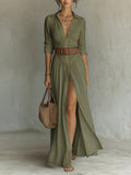 Women's High Waist A-Line Maxi Shirt Dress – 3/4 Sleeve