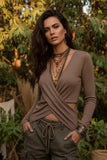 Women's Cross-Neck V-Neck Pleated Long-Sleeve Top