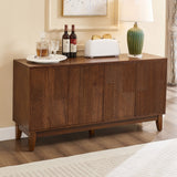 Mid Century Modern TV Stand, 56-Inch Wood Cabinet with Carved Geometric Doors, Walnut
