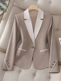 Women’s Contrasting Color Blazer – Elegant Button Formal Jacket