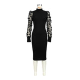 Women Clothing Three Dimensional Petals Mesh Sleeves Rib Fabric One Piece Collar Dress