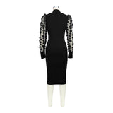 Women Clothing Three Dimensional Petals Mesh Sleeves Rib Fabric One Piece Collar Dress