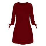 Spring Summer Autumn Solid Color Dress Casual O neck Dress Lace up