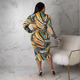 Plus Size Women Clothes V neck Floral Print Slit Pleated Hollow Out Cutout Sleeve Dress