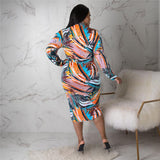Plus Size Women Clothes V neck Floral Print Slit Pleated Hollow Out Cutout Sleeve Dress