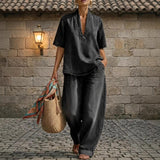 Retro V-Neck Washed Denim Top & Wide-Leg Pants Set – 3 Colors, S–3XL