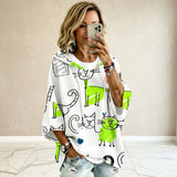 Cartoon Cat Print Hoodie with 3/4 Sleeves & Drawstring