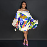 Spring Summer Off Shoulder Loose Elastic Printing Batwing Shirt Long Sleeve Dress