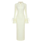 Yellow Blouse Collar Long Sleeve Feather Knitted Striped Slim Bandage Dress