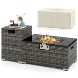 2-Piece Outdoor Rattan Fire Table Set 32 Inch Rectangle Gas Firepit with Tank Cover