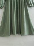 Spring Women Clothing Army Green Long Sleeve Pleated Dress