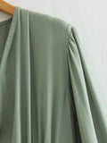 Spring Women Clothing Army Green Long Sleeve Pleated Dress