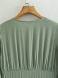 Spring Women Clothing Army Green Long Sleeve Pleated Dress