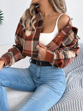 Color-block Plaid Long-sleeve Wool Short Jacket Coat
