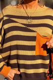 Brown Stripe Striped Drop Shoulder Colorblock Pullover Sweater