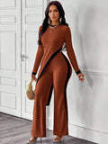 Fall Women Clothing Long Sleeve Contrast Color Split T shirt Stitching Trousers Two Piece Sets Women