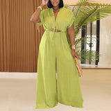 Women Wear Casual Solid Color V neck Lace up Wide Leg Jumpsuit