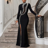 Women Clothing High Collar Long-Sleeved Dress Split Rhinestone Dress