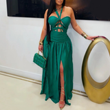 Popular Halter Cut out Lace up Party Evening Dress Satin Side Split Dress