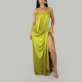 Women Sexy Suspender Twisted Waist Split Embellished Cocktail Solid Color Dress