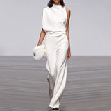 Women Pants Solid Color One Shoulder Pile Collar Jumpsuit Popular Dress Trousers