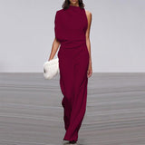 Women Pants Solid Color One Shoulder Pile Collar Jumpsuit Popular Dress Trousers