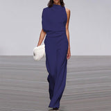 Women Pants Solid Color One Shoulder Pile Collar Jumpsuit Popular Dress Trousers