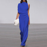 Women Pants Solid Color One Shoulder Pile Collar Jumpsuit Popular Dress Trousers