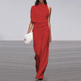 Women Pants Solid Color One Shoulder Pile Collar Jumpsuit Popular Dress Trousers