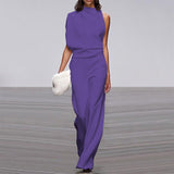 Women Pants Solid Color One Shoulder Pile Collar Jumpsuit Popular Dress Trousers