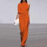 Women Pants Solid Color One Shoulder Pile Collar Jumpsuit Popular Dress Trousers