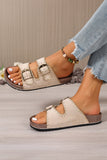 Camel Embroidered Trim Retro Buckle Faux Suede Slippers