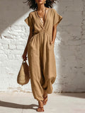 Women's Deep V-Neck Three-Quarter Sleeve High Waist Wide Leg Pants