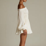 Women's Off-Shoulder Pleated Mini Dress – Smocked Waist & Puff Sleeves