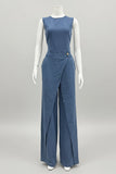 Women's Sleeveless Denim-Style Wide-Leg Jumpsuit