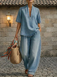 Retro V-Neck Washed Denim Top & Wide-Leg Pants Set – 3 Colors, S–3XL